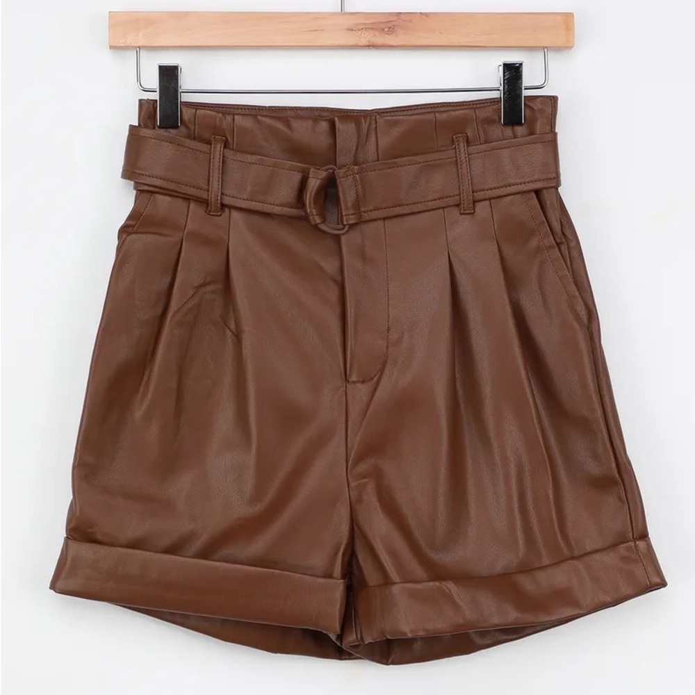 Lulu’s Brown Vegan Leather Paperbag High Waist Shorts